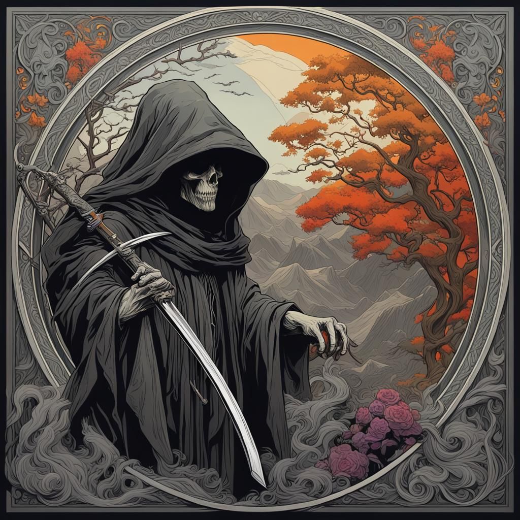 Grim Reaper Versus Mother Nature Portrait in Art Nouveau Sty...
