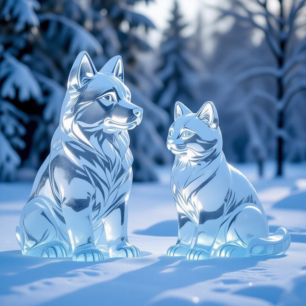 Ice Sculptures: Dog and Cat in Natural Art Style