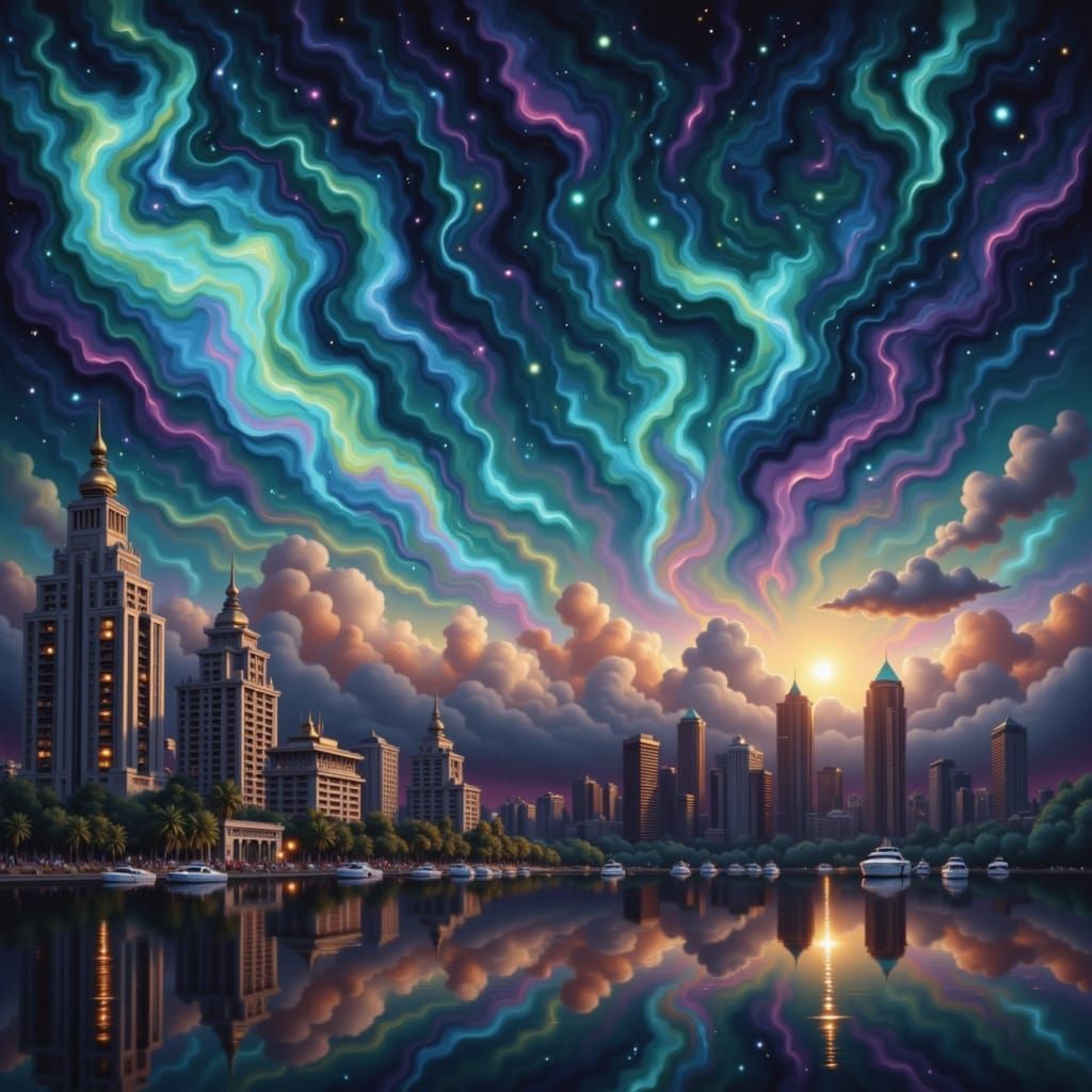 Miami Beach am Strand mit Hotels ,  blaues Meer , in dem sich die Yachten spiegeln. <lora:Bunte Vielfalt:1.0>