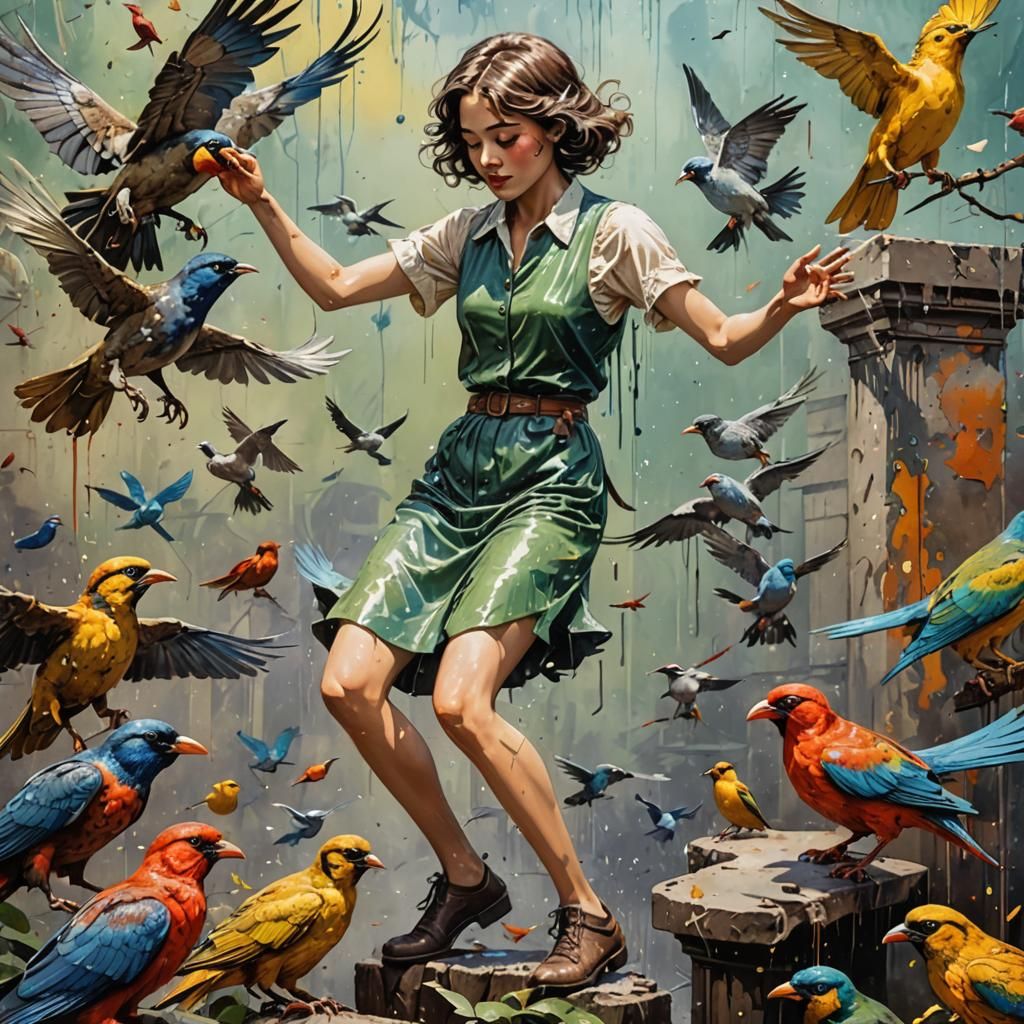 Girl playing with birds, Hyperrealistic in a colorful background with splash art, concept art, mid shot, intricately detailed, color depth,...