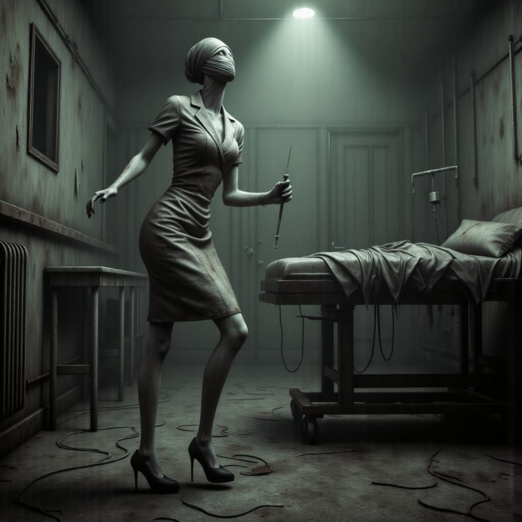 A silent hill nurse stands in a contorted stance next to an operating table in an abandoned operating room. The nurse is holding an old syri...