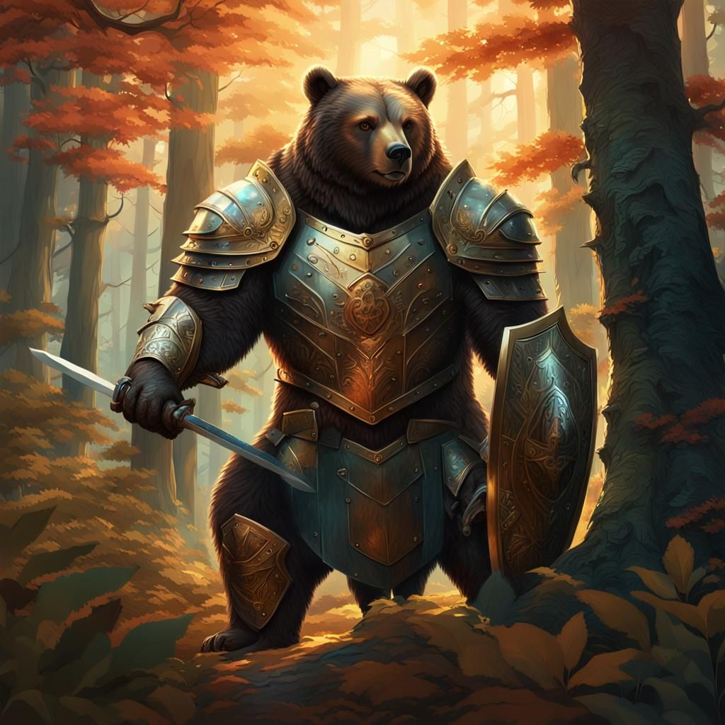Armored bear holding a shield and sword to protect her cubs 