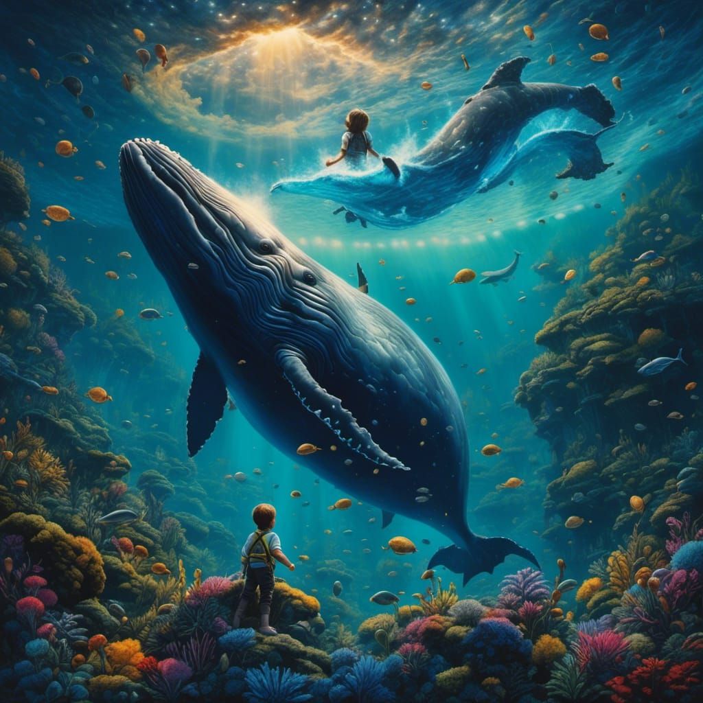 <lora:Illustration:1.0>"Fabulous huge whale swimming through the air above a little, boy reaching for it, fantasy, night landscape, reverie,...