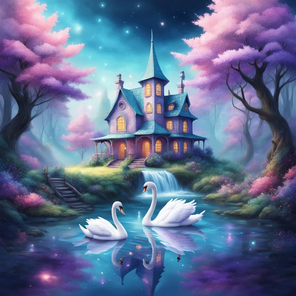 Whimsical Fantasy Scene with Magical House and Glowing Stars