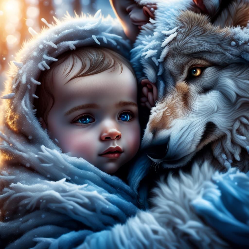 Serene Baby Protected by Wolf in Winter Snow