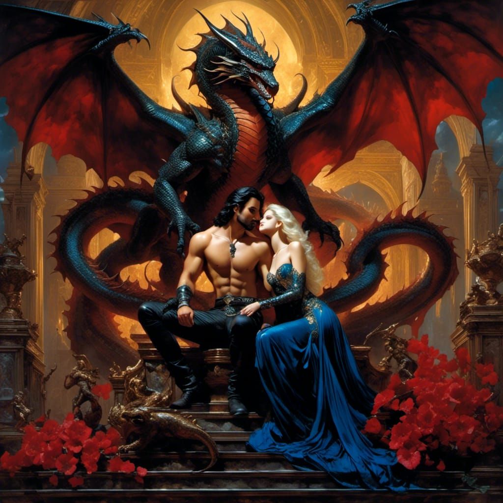  <lora:FantasyLove:1.0> Boris Vallejo couple with dragons