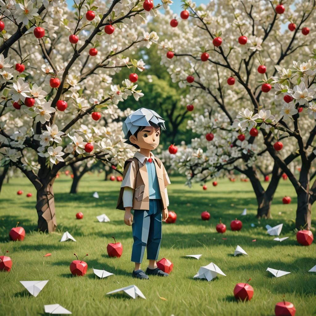 a young boy standing on the field beside an apple and cherry...