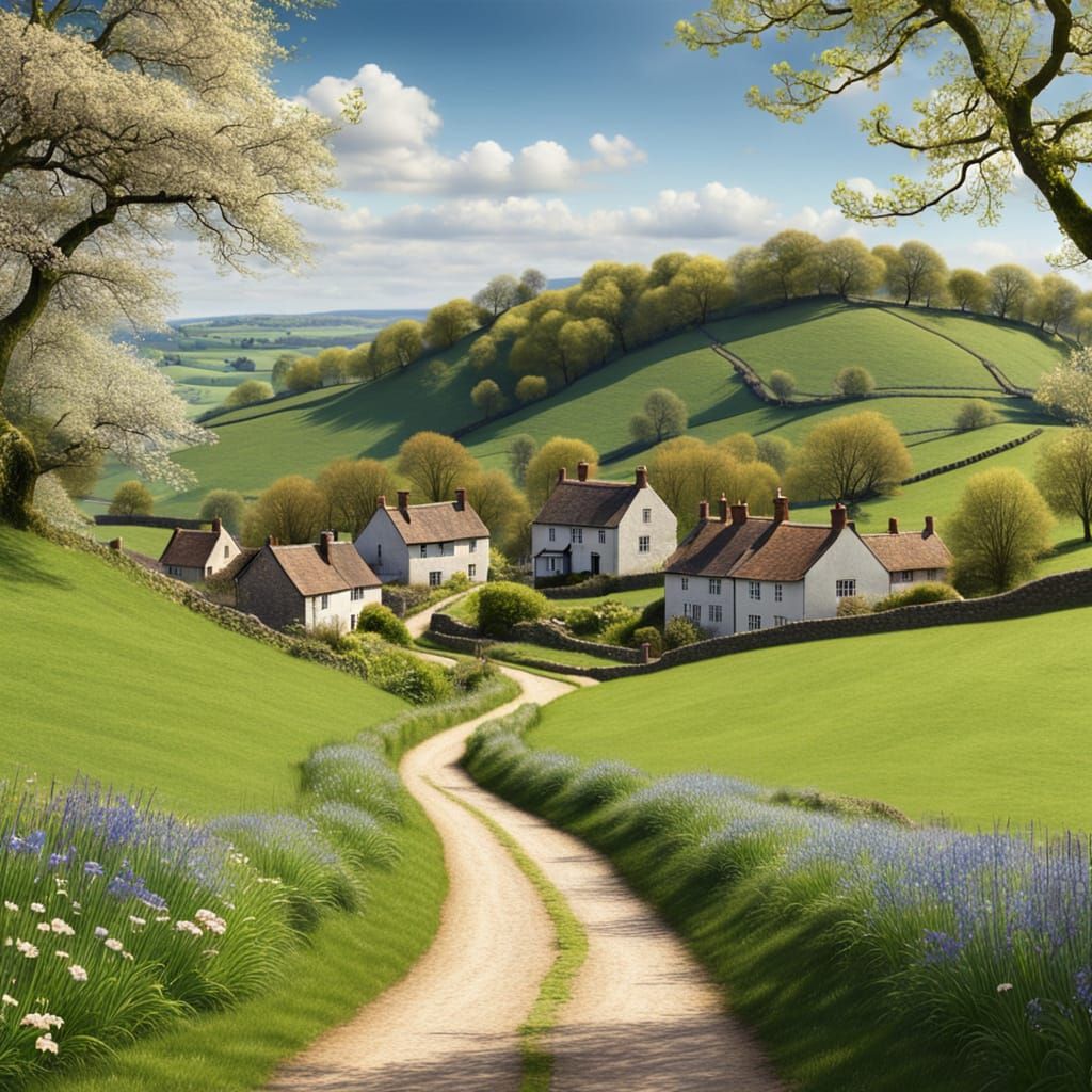 Village Path Amidst Lush Spring Hills