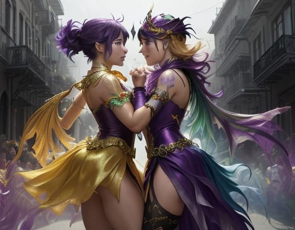 (Fantasy Mardi Gras women:2) (dancing:2) in the street with ...