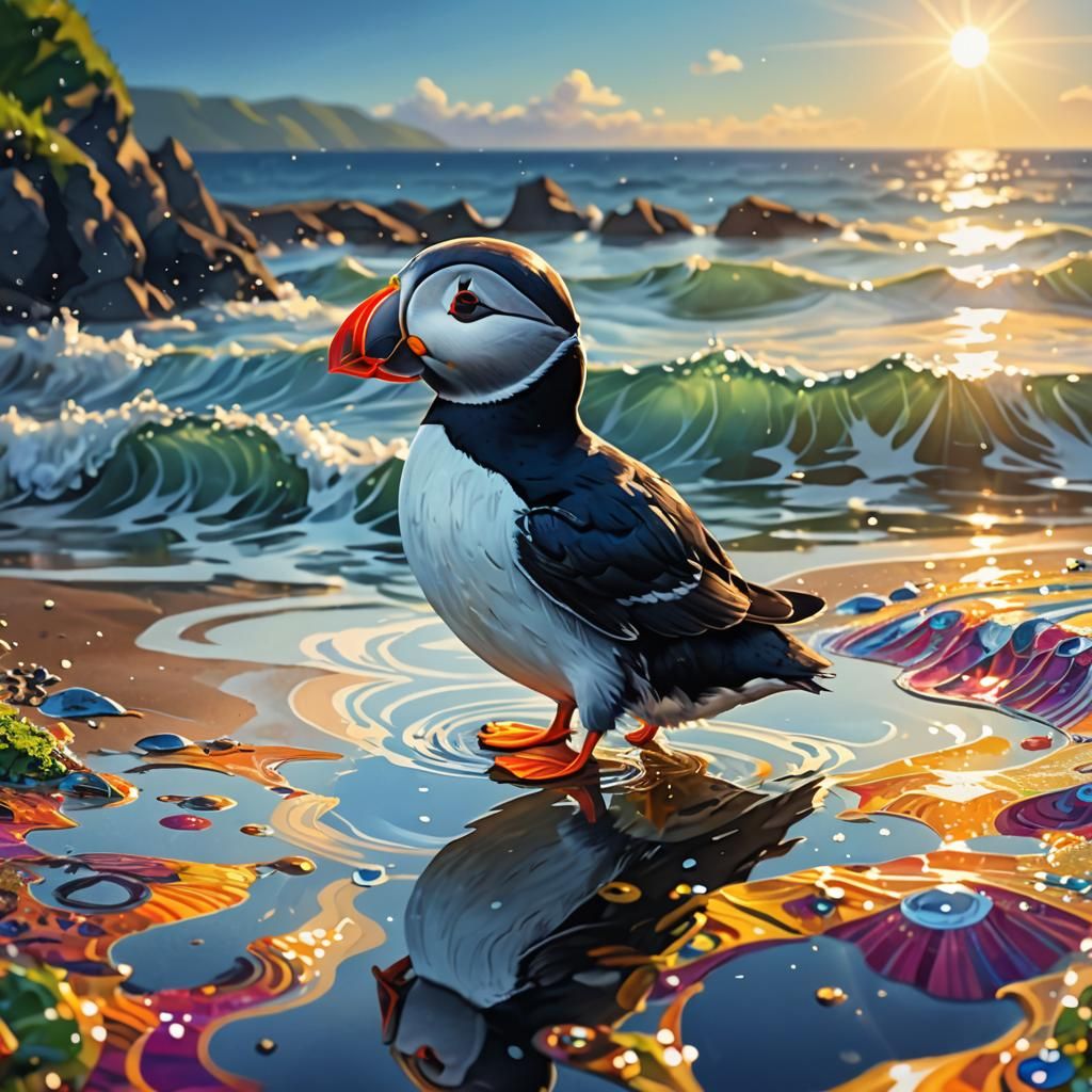 One cute and adorable puffin on the shore. Waves reflecting ...