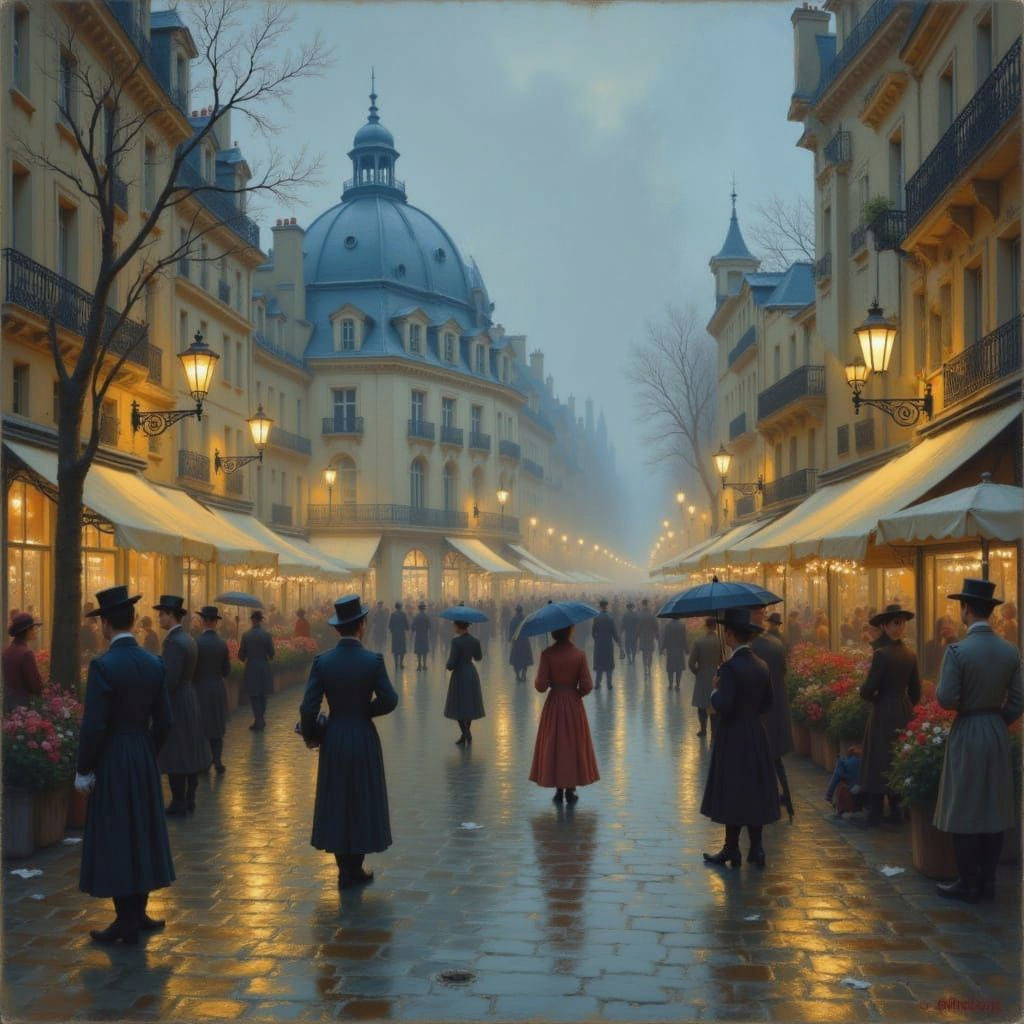 Imagine a 19th century Parisian street scene in the rain at night. People are walking and carrying umbrellas. At the end of the street is an...