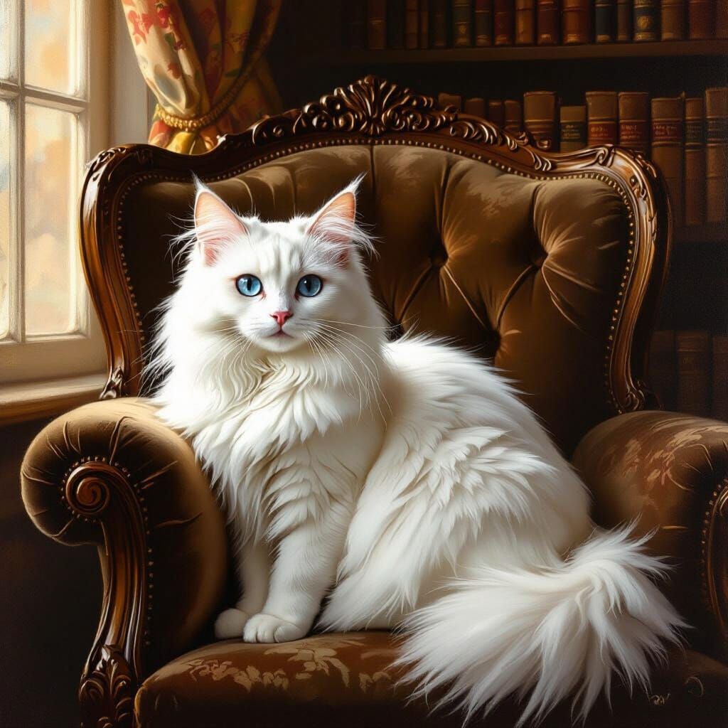Elegant White Cat with Blue Eyes on Velvet Armchair