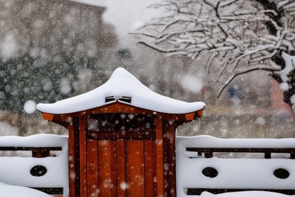 hanok gate in winter, hanok cafe in snowing winter, heavy wi...