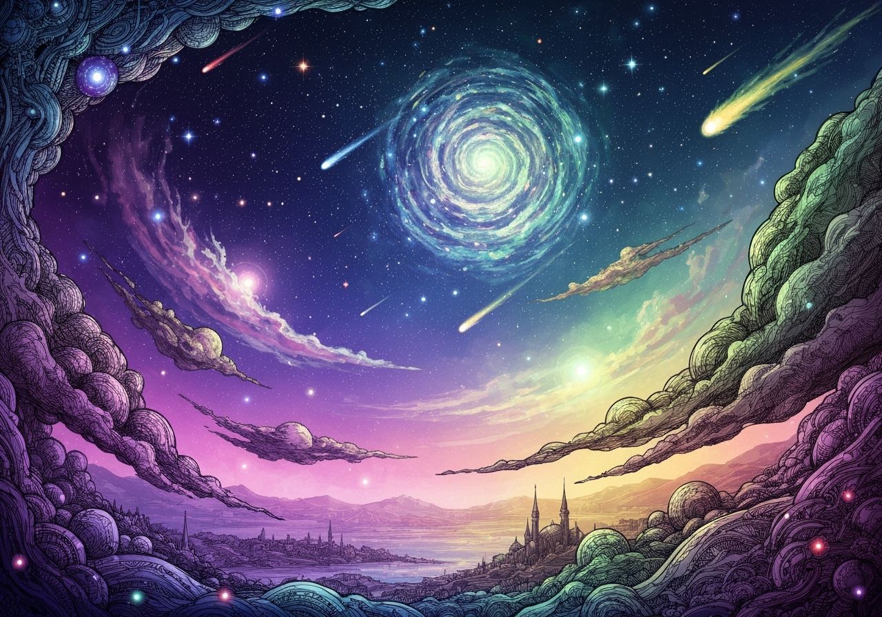 Breathtaking starry sky with swirling cosmic nebulae in sparkling colors and passing comets past over a wondrous fairytale realm. Intricate ...