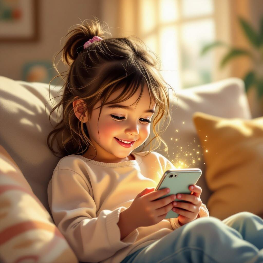 Girl Playing iPhone on Sofa in Sunlit Room