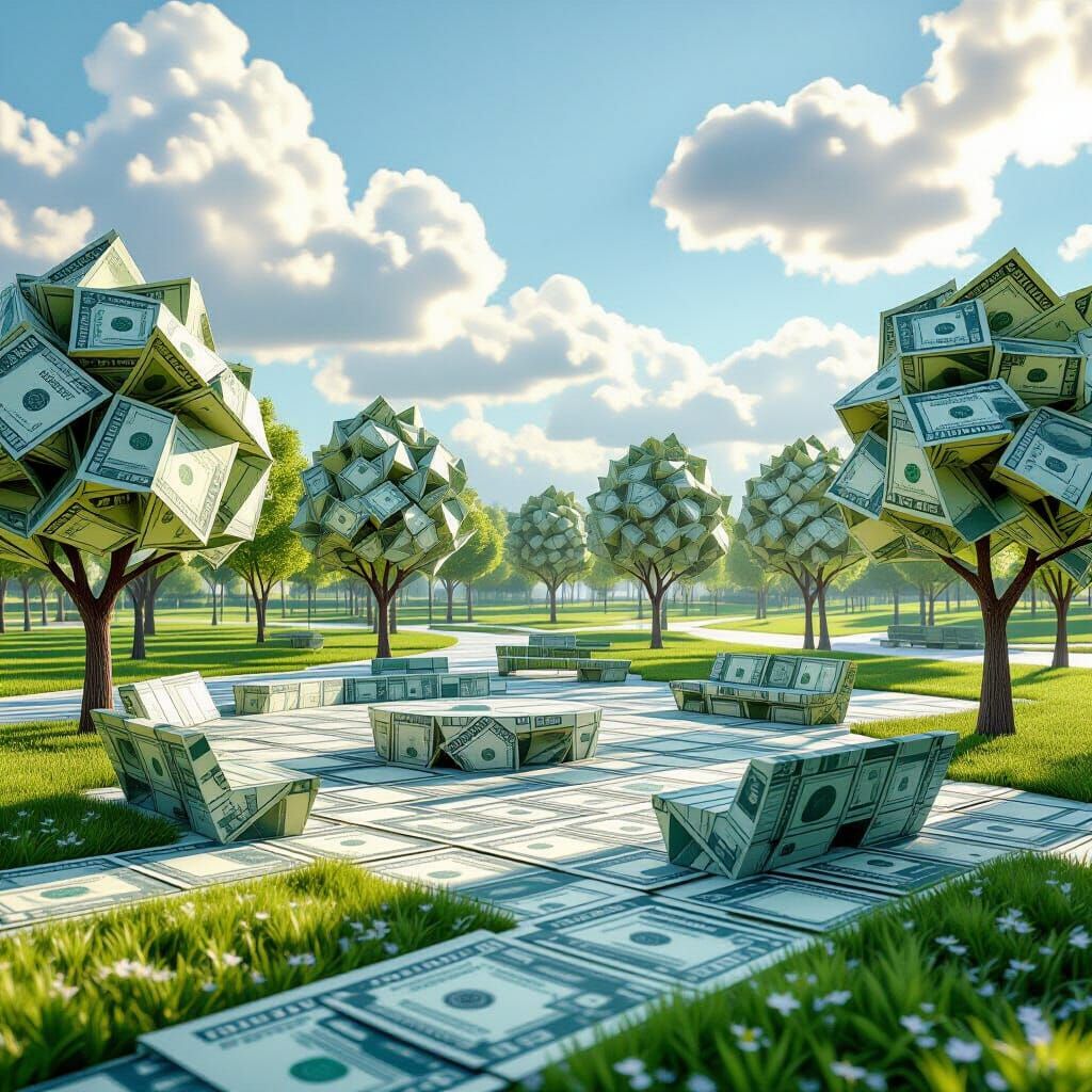 Hyperrealism, ultra-detailed 8K illustration. A utopian city park made entirely of origami folded from dollar bills — skate park, trees, ben...