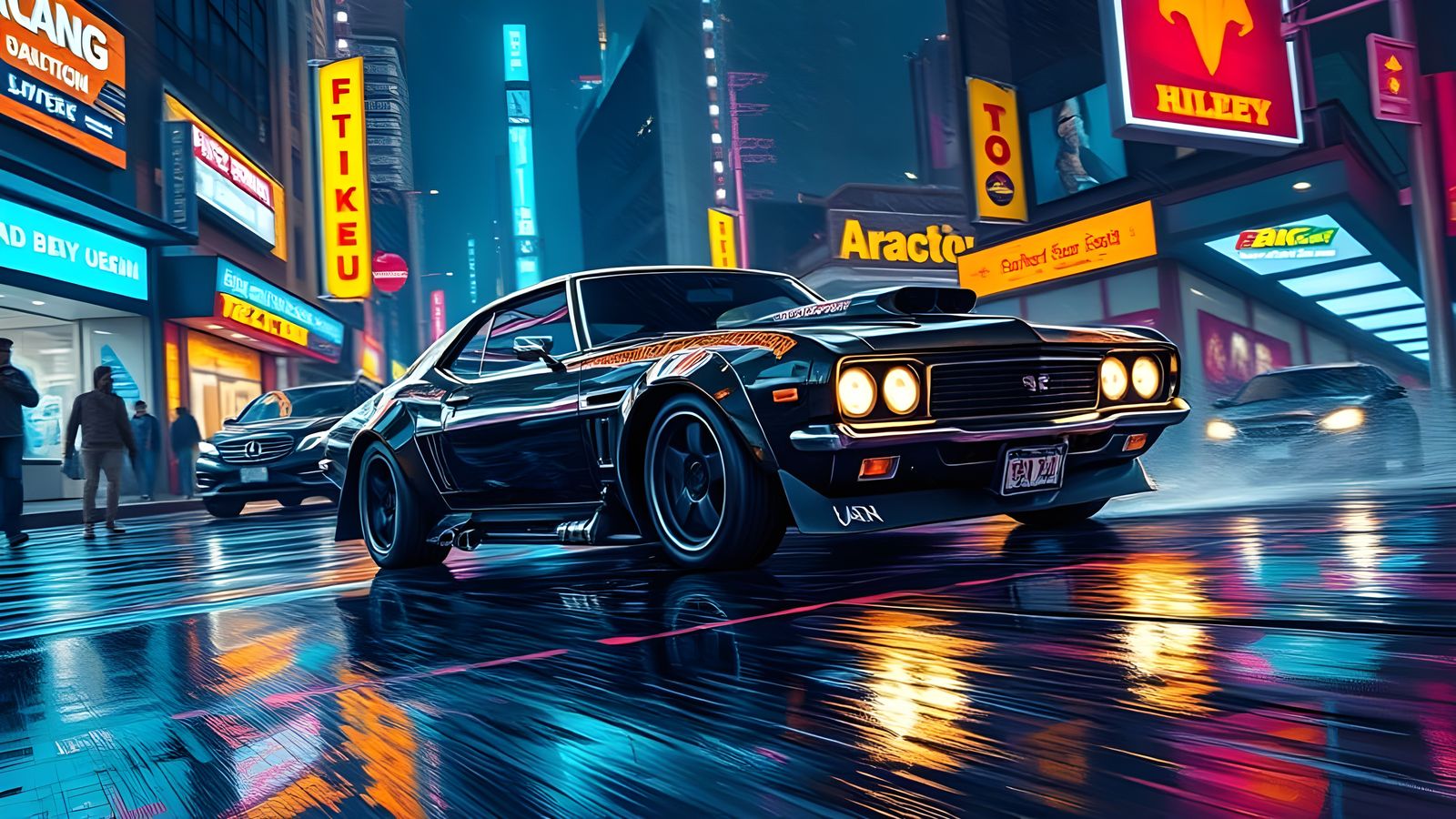 A muscle car zooms along a rain-slicked street  by @Aussie