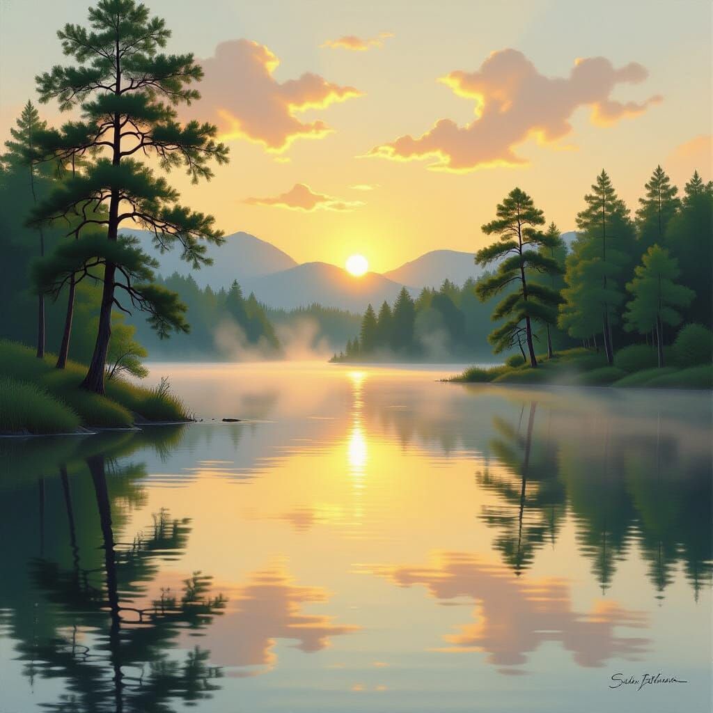 Tranquil Lake at Dawn, Romantic Landscape Painting