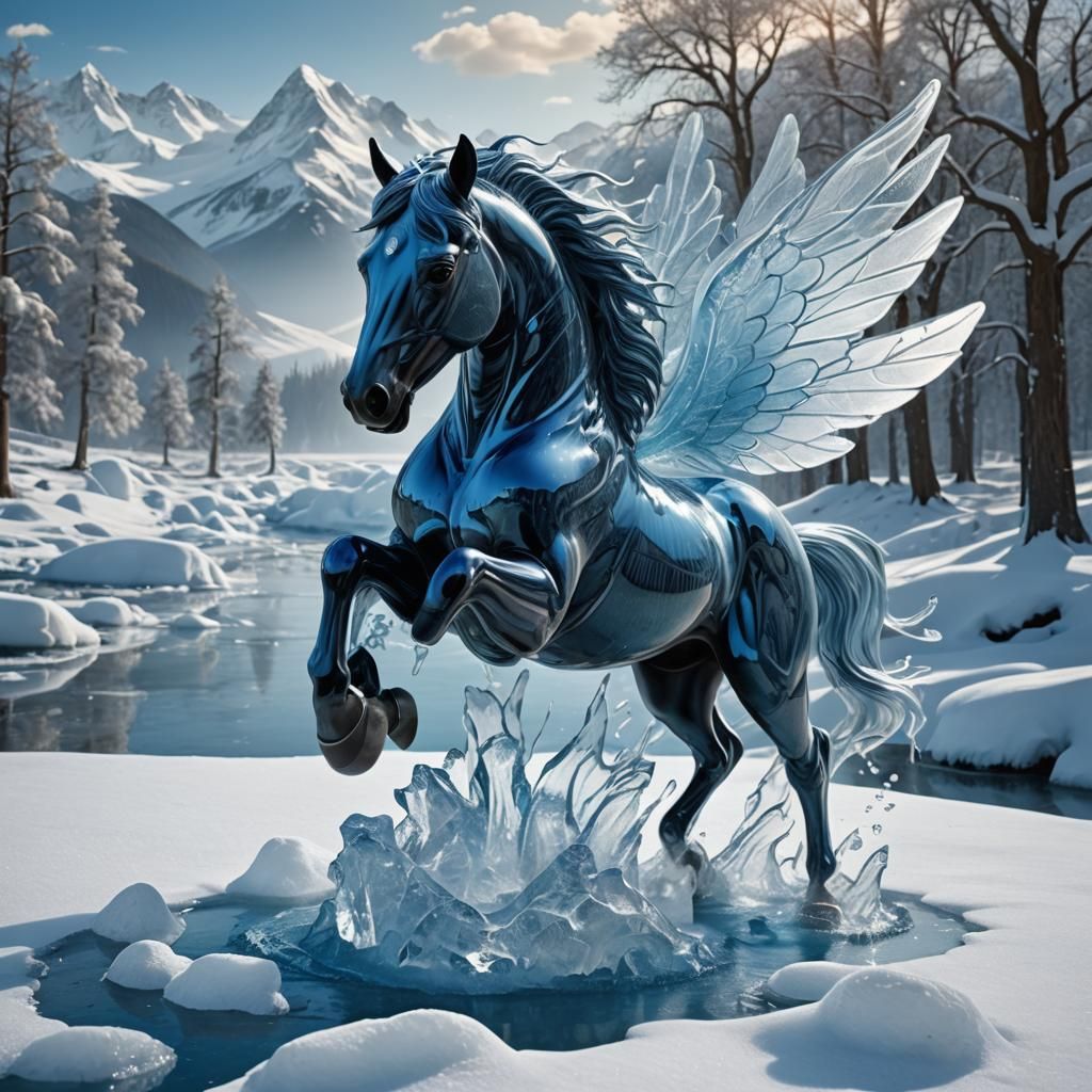 make horse fly up and away like wings solid glass ice sculpt...