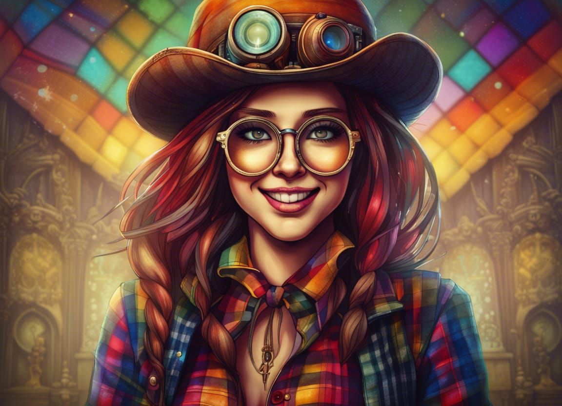 A happy hipster girl in rainbow glasses of unusual shape, in a wide plaid shirt, skinny jeans and an ...  by @RudaStew
