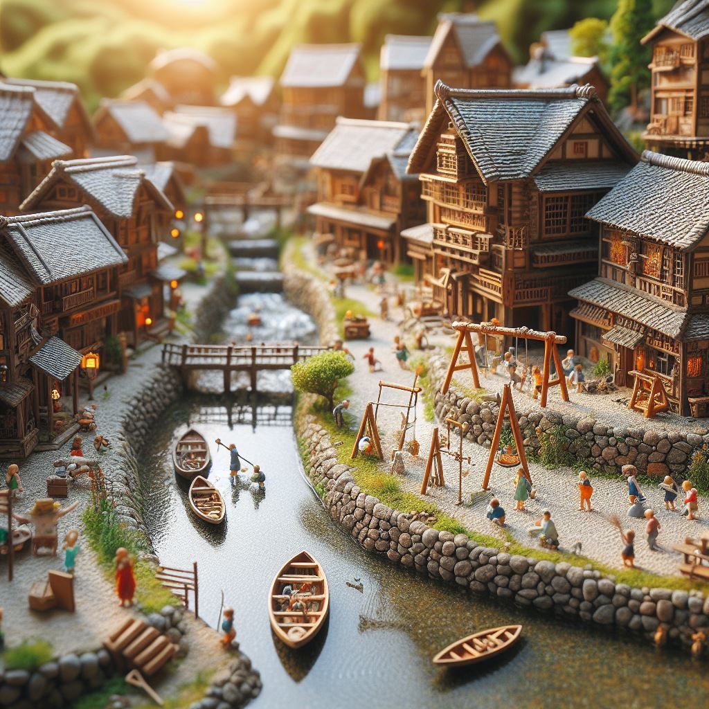 medieval riverside village scene