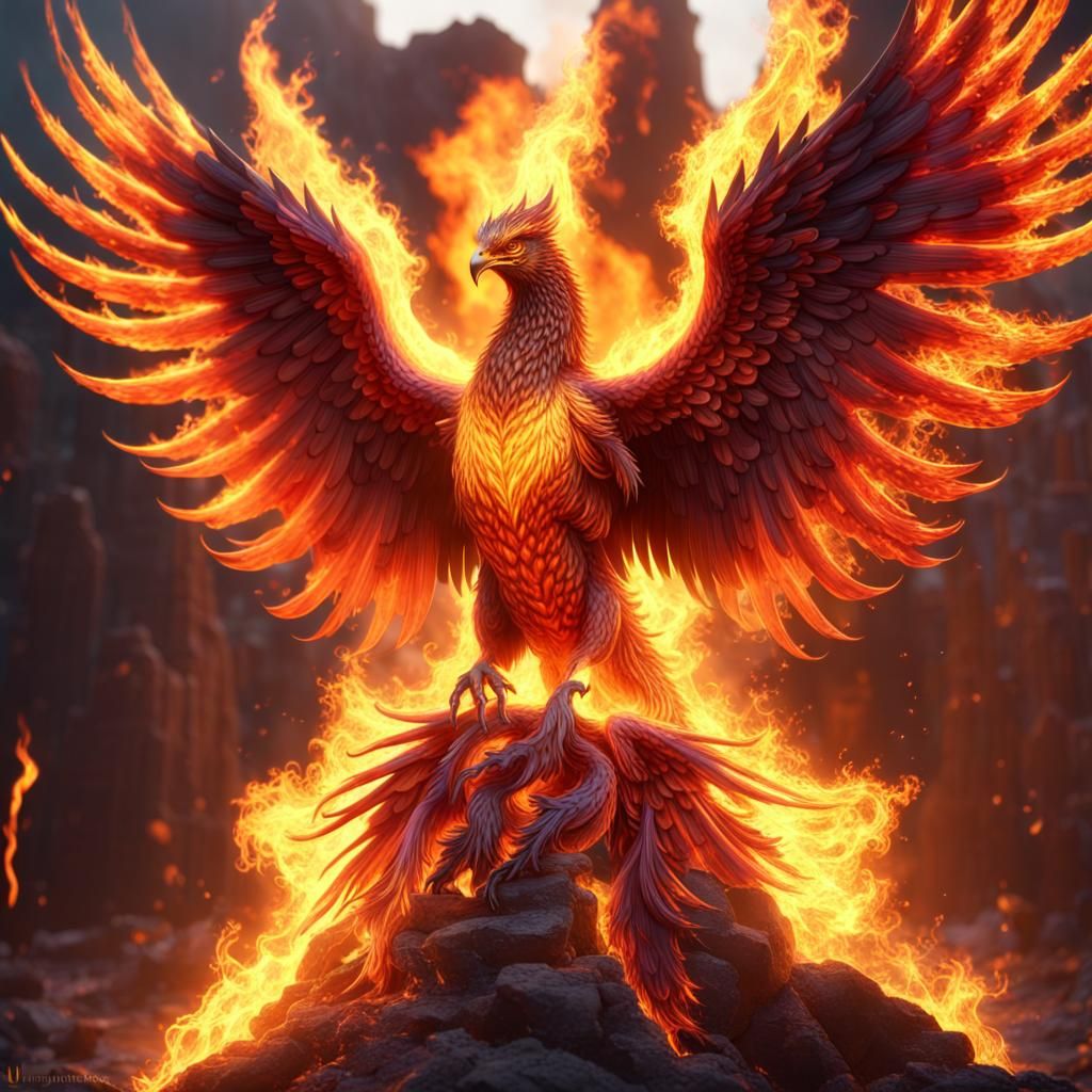 Phoenix burning, whole body on fire, illuminated, dramatic, realistic ...