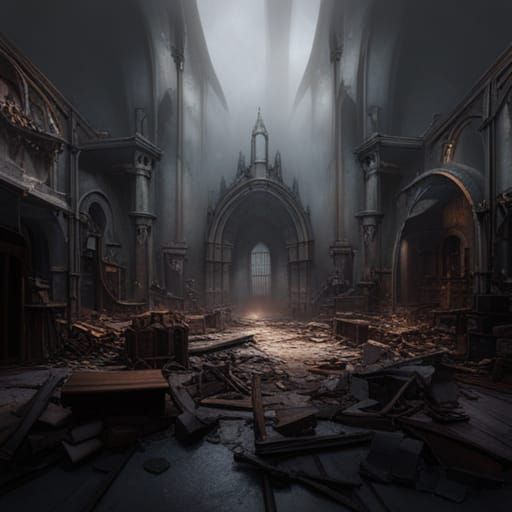 Empty Rundown Ruins Pieces of armor and bones scattered fog ...
