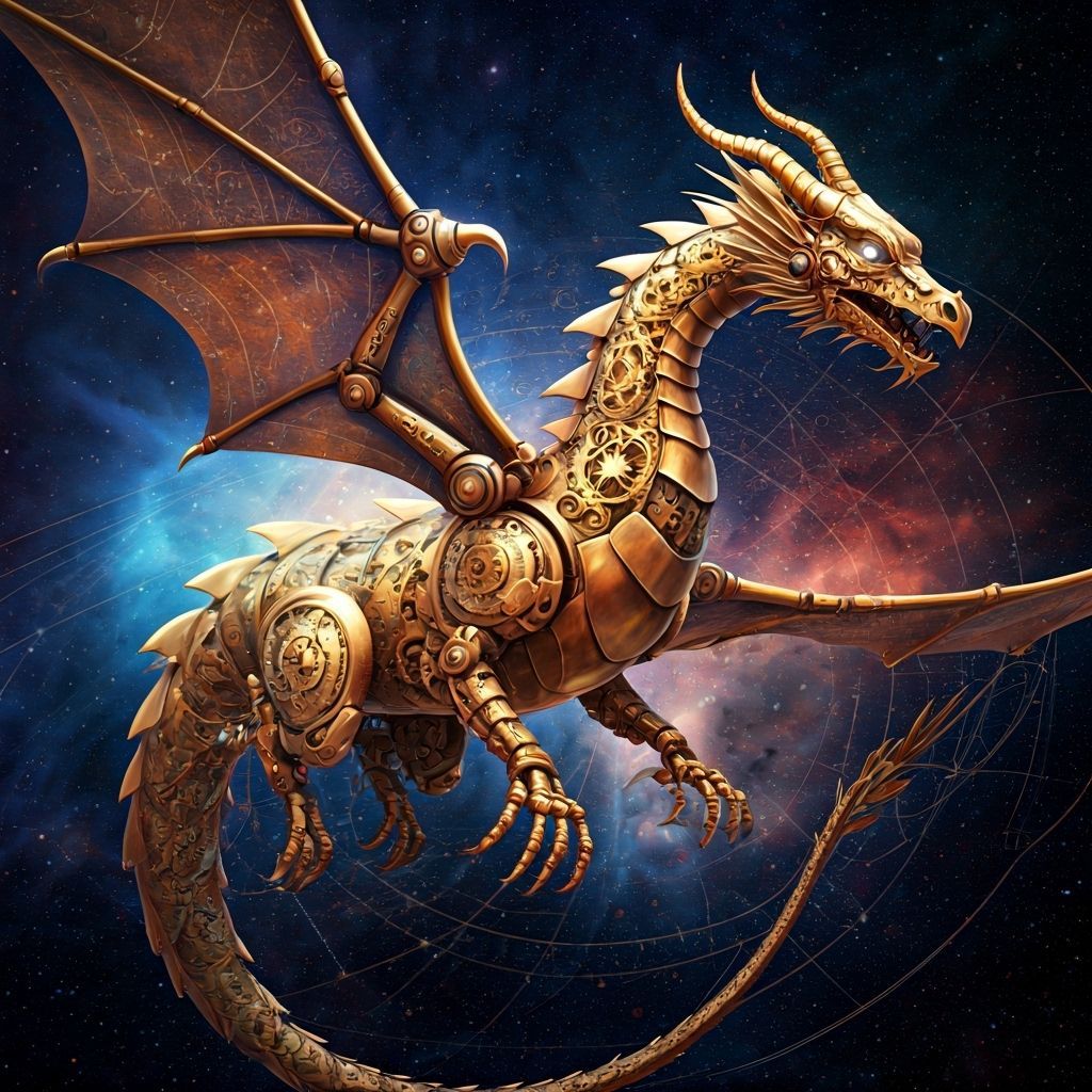 A celestial clockwork dragon soars through a nebula filled with glowing gears and astral charts. Its scales are made of polished brass and c...