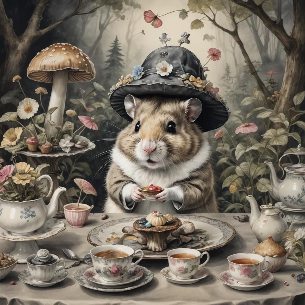 Hamster dressed in 1950s clothes, having a tea party, on a mushroom cap table…v4  by @RavenRose