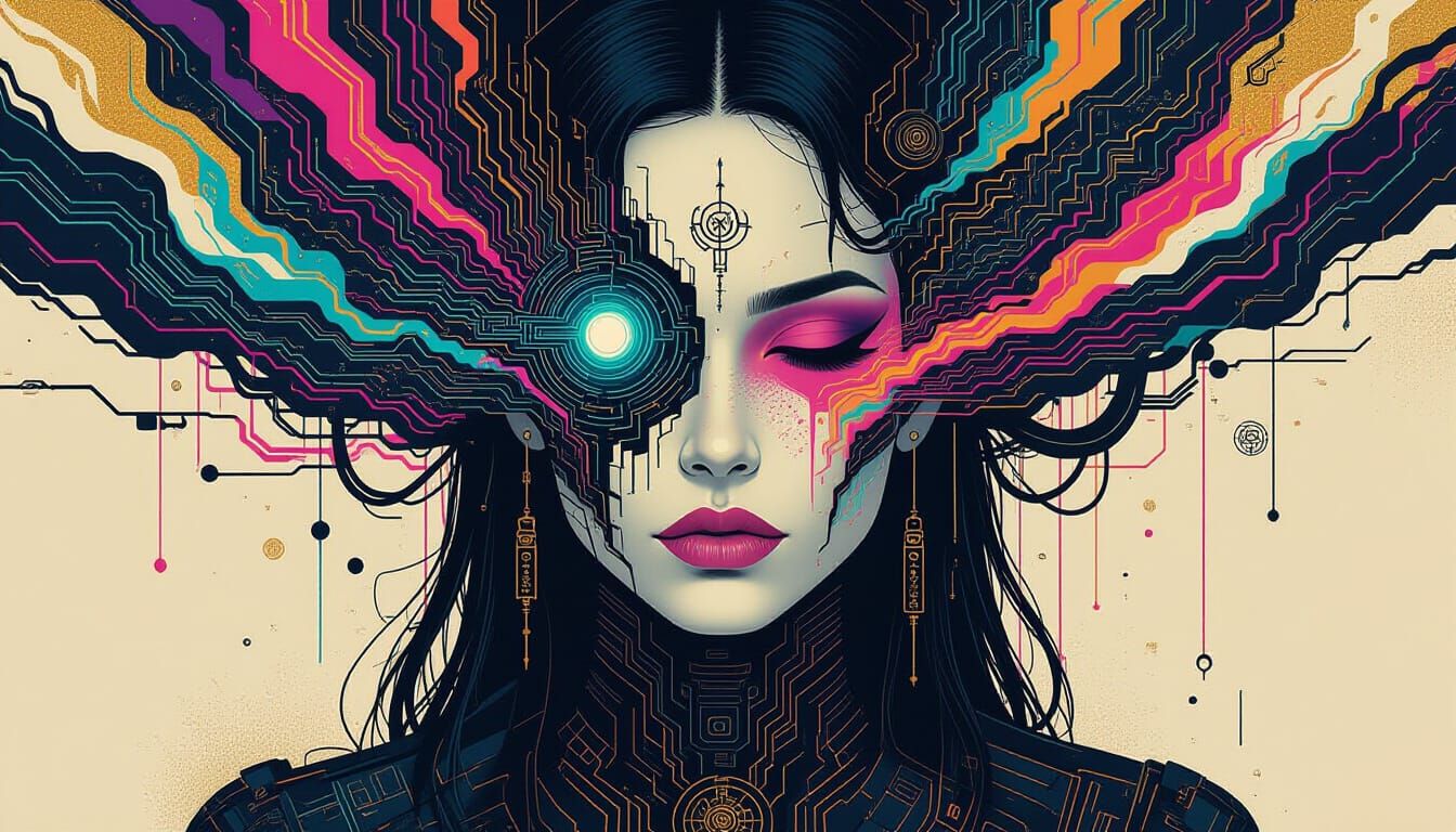 A surreal portrait of a femal cyberpunk shaman, their face dissolving into a swirling vortex of neon colors and glitching pixels. Intricate ...