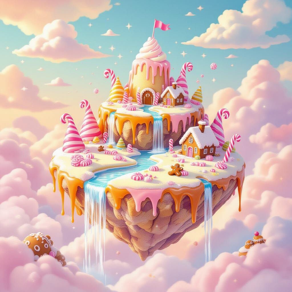 A whimsical scene of a floating island made entirely of spun sugar and rock candy, with waterfalls of liquid caramel cascading into a pastel...