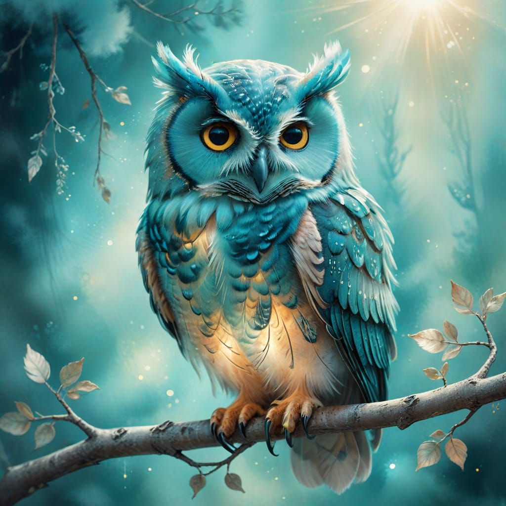 A delicate, ethereal turquoise owl with silvery feathers sits beautifully on a branch. The bird's eyes ...  by @Hani1