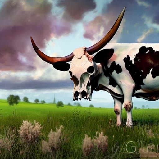 a cow skull laying in a field - AI Generated Artwork - NightCafe Creator