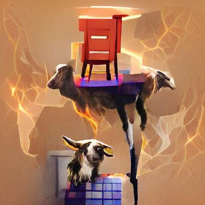 A freightened goat standing on a chair because the floor is ...