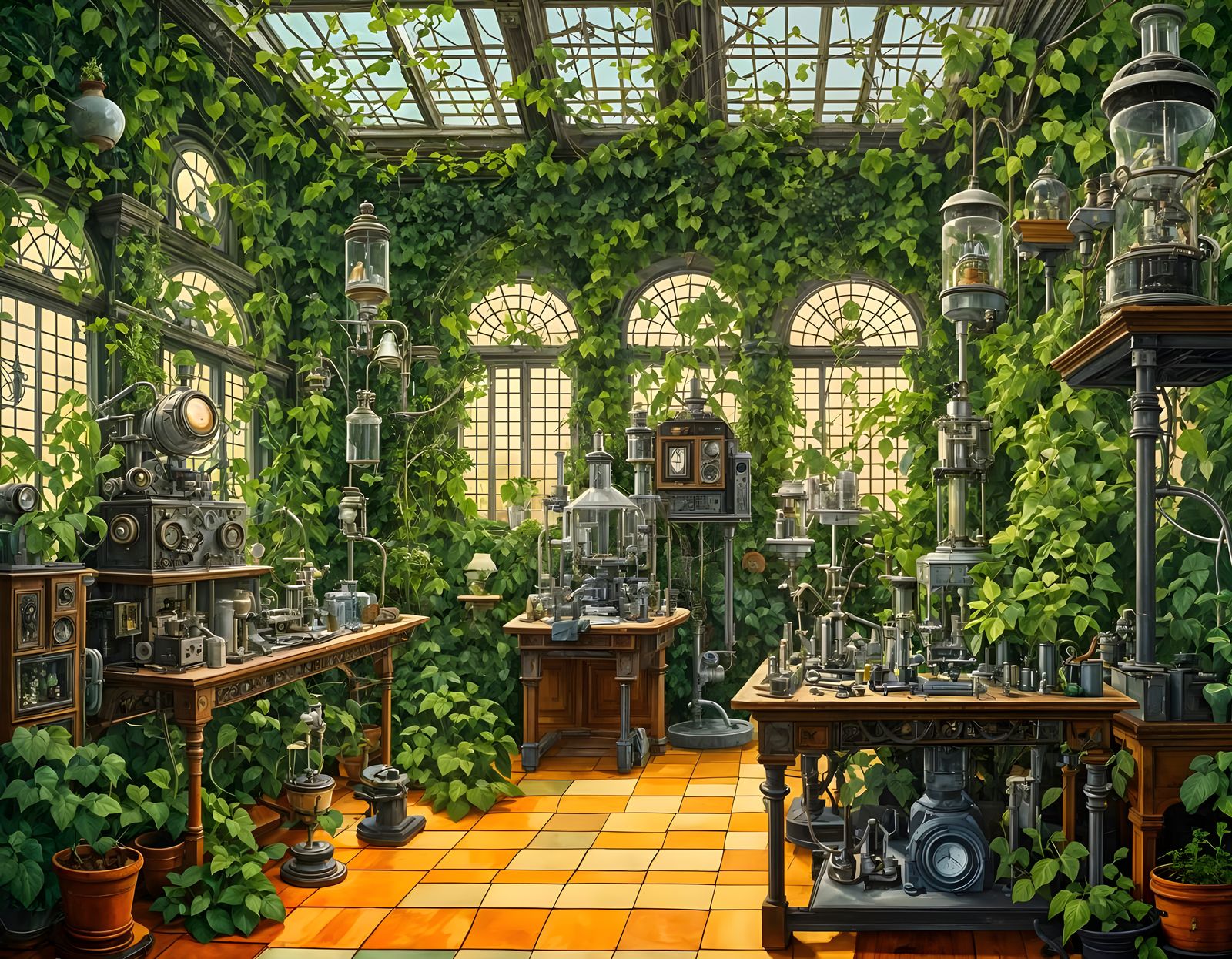 a laboratory with ivy vines  by @Sig