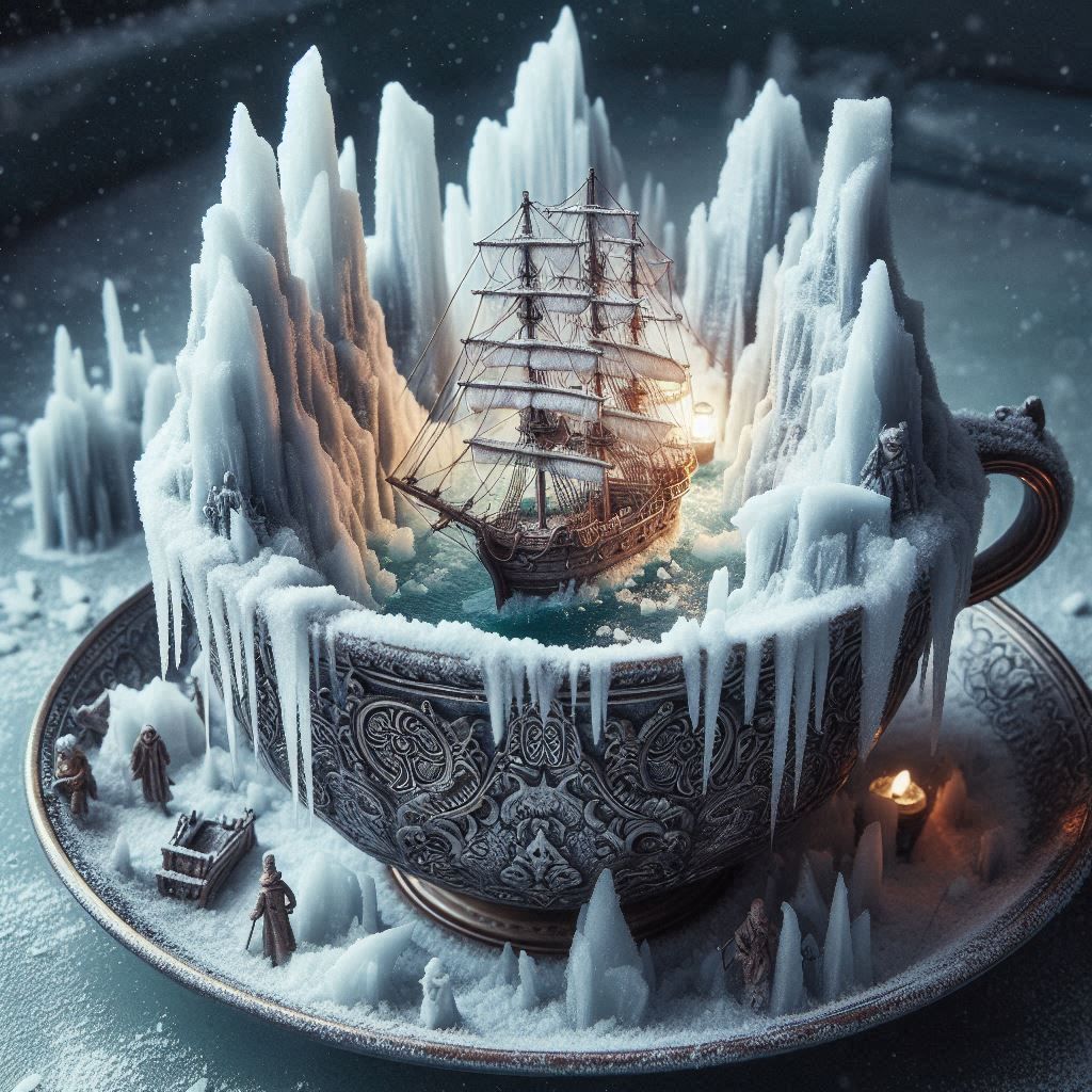 🍵 🧊❄️⛵🗺️ a scene inside a teacup: Artic exploration