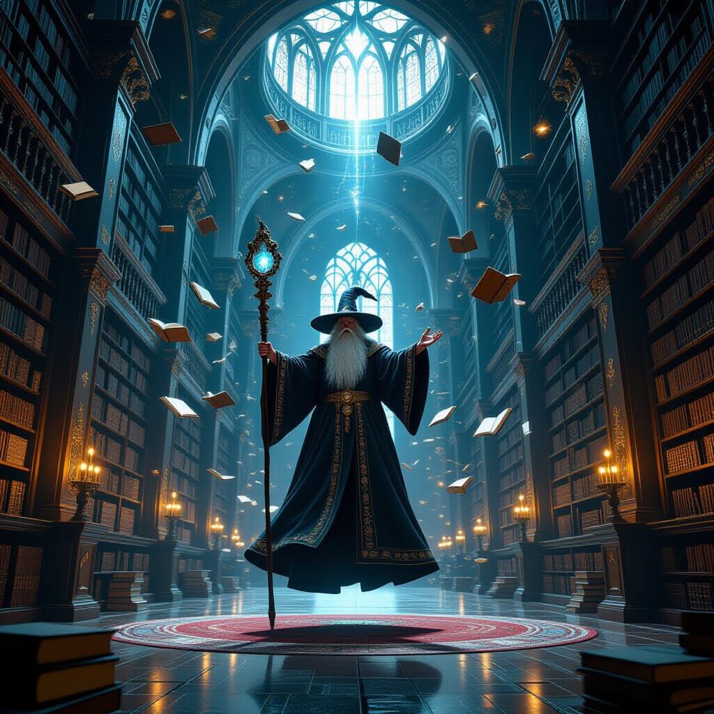 Majestic Wizard in Ornate Magical Library