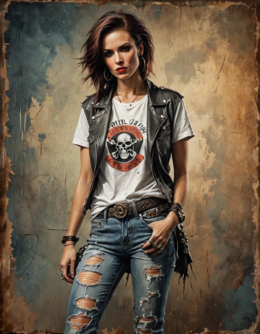 beautiful sensual feminine retro rocker woman, wearing a t-s...