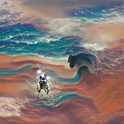 As astronaut rides a horse into the ocean 