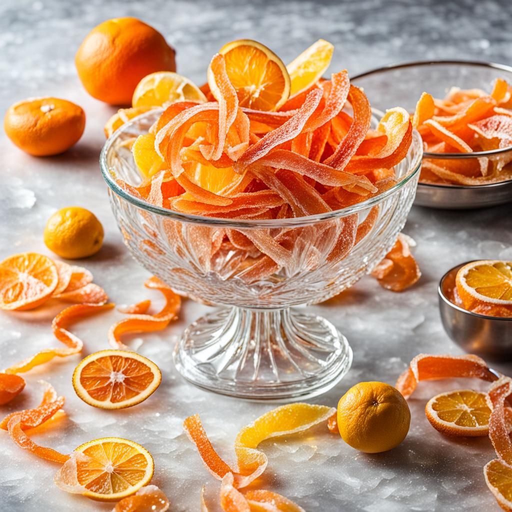 candied citrus peels on a crystal glass dish  by @INTERCEDENCE