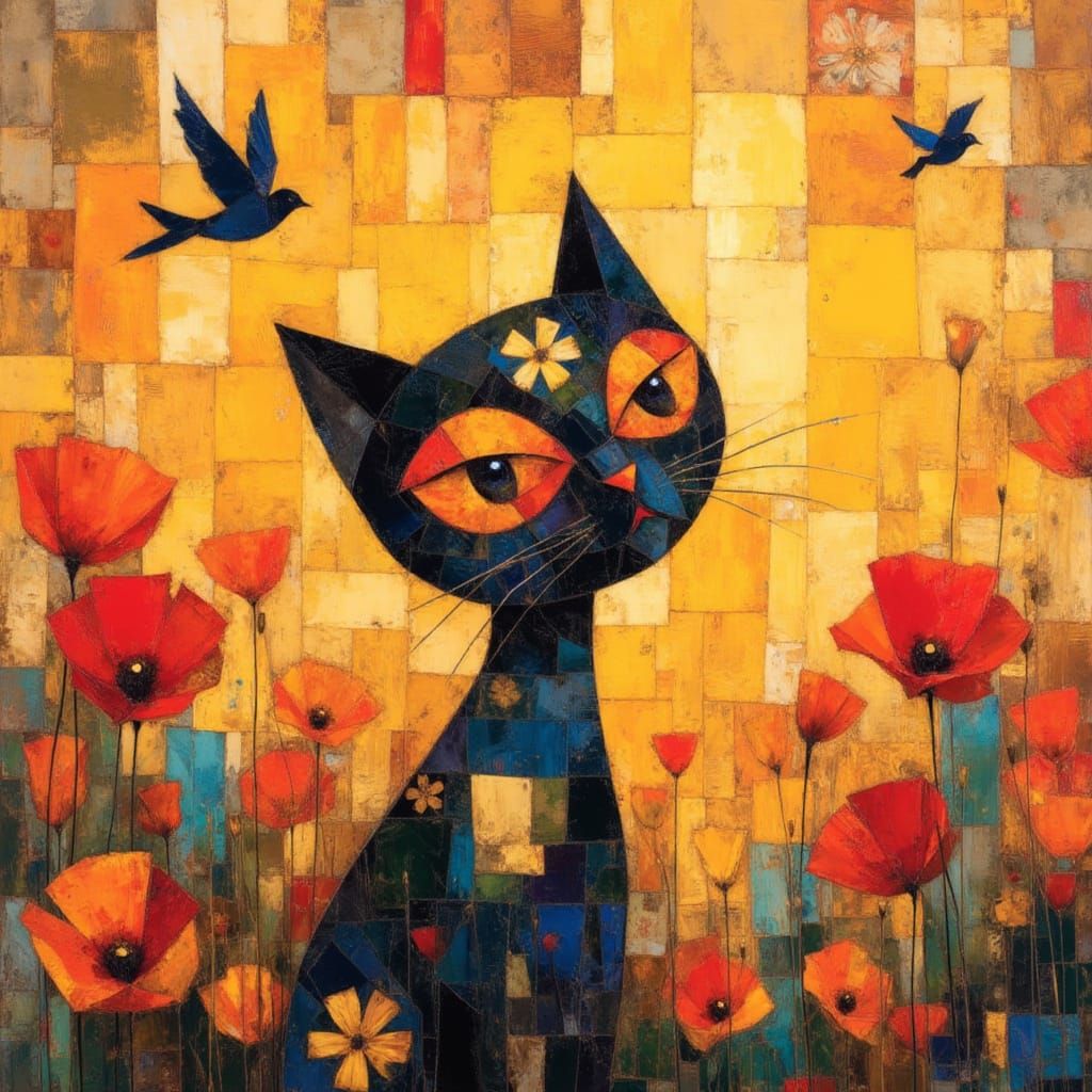 folk art cat with a touch of abstract. Think of Klimt meets Natalia Goncharova, Adolph Gottlieb and Matthias Grunewald. Warm color palette, ...