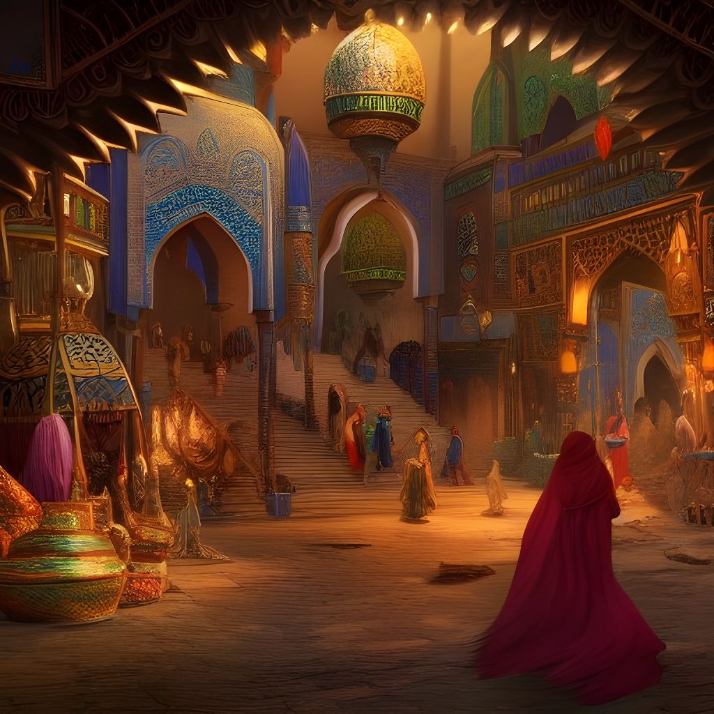The bazaar of baghdad and the aladdin ring, detailed matte painting, deep color, fantastical