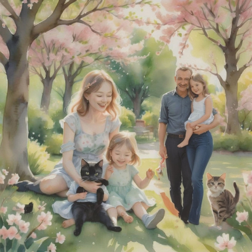 Affectionate Black Cat with Family in Bamboo Garden