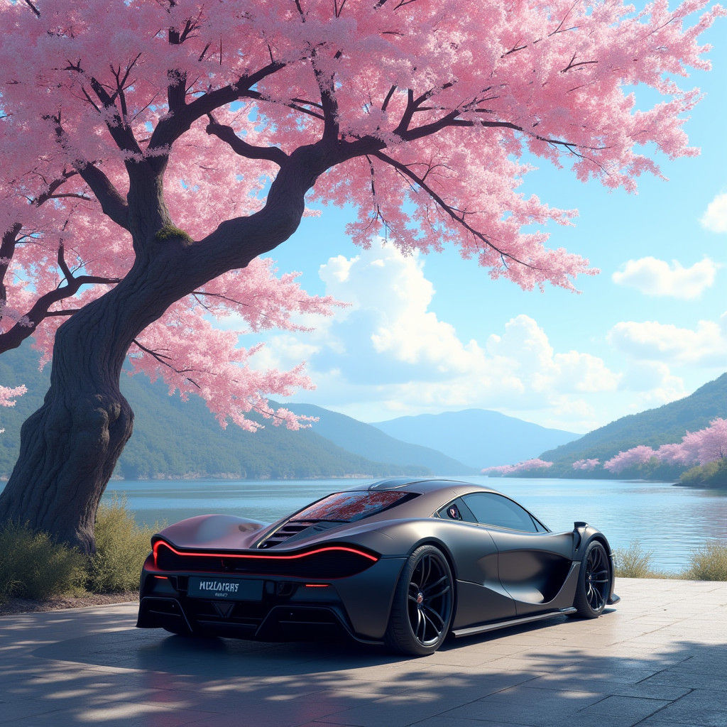 A Black McLaren P1 car is parked under a cherry blossom tree in Japan. Daylight. Behind is the lake.
