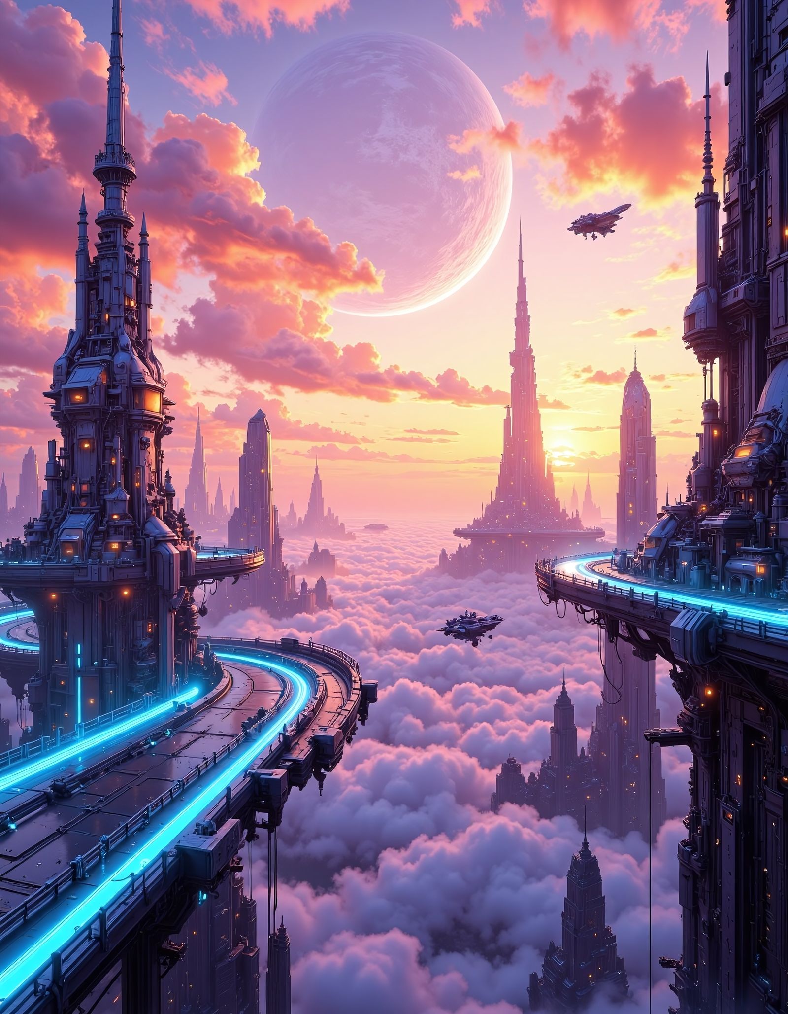 Far future city at sunset