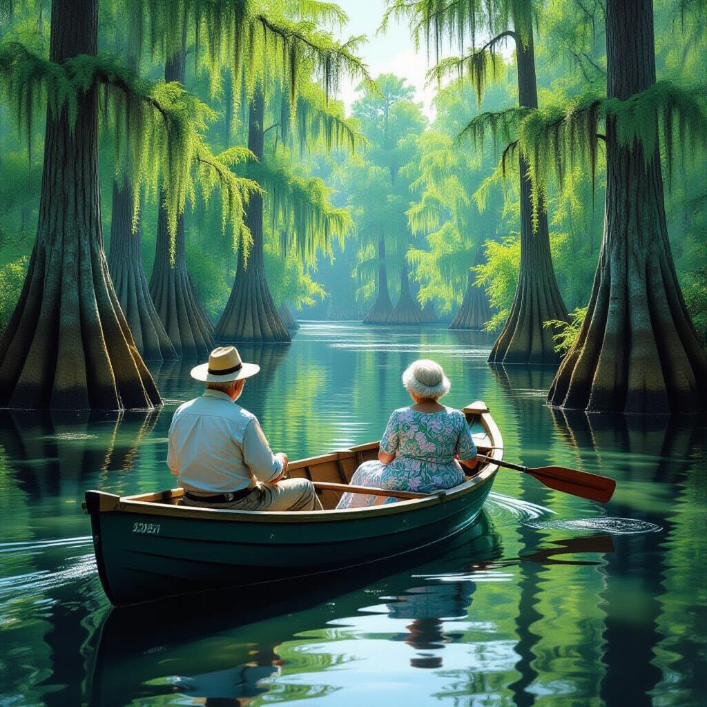 Elderly Couple in Cypress Swamp, Hyperrealistic Style
