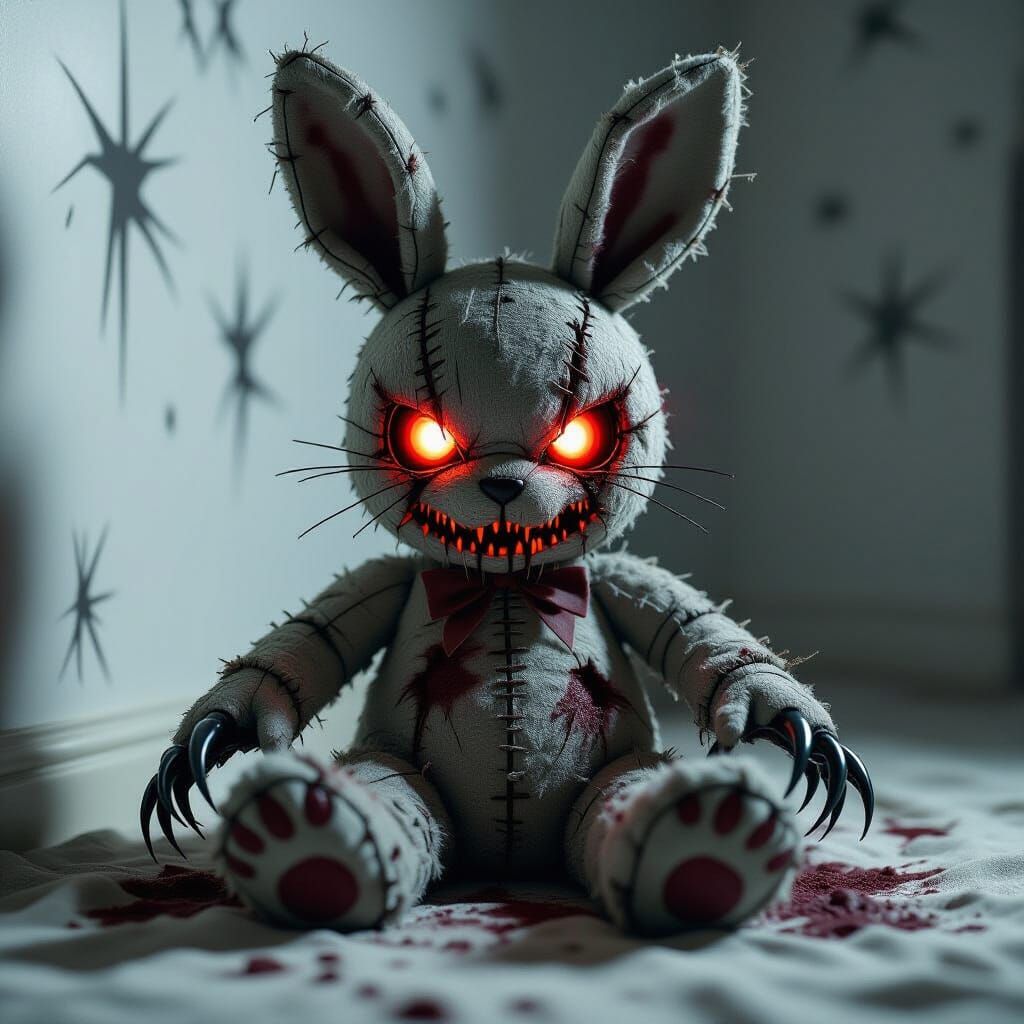 "A horrifying stuffed bunny, its fur shredded and darkened with stains, glowing red eyes cracked like ...  by @Author JW Kiefer