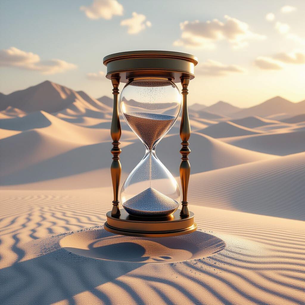 Dreamy Desert with Metallic Dunes and Hourglass Statue