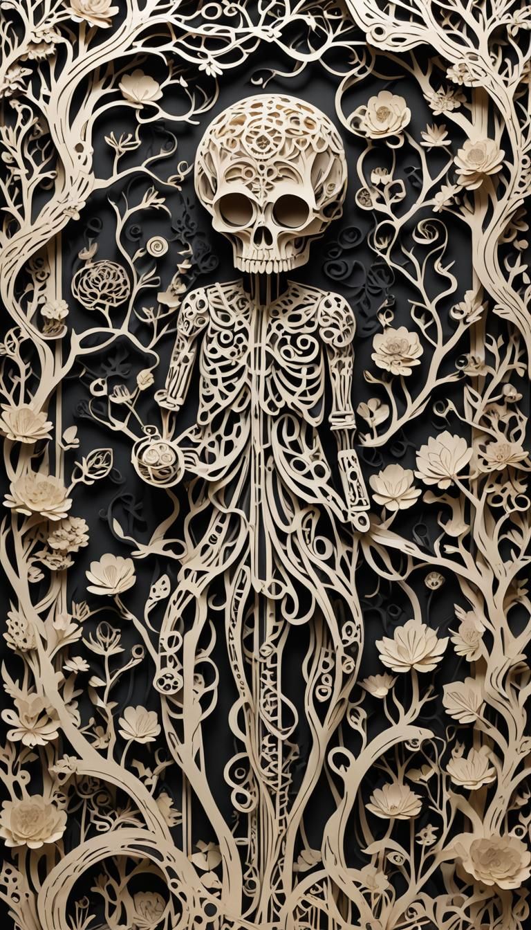 , deep black and bone color palette, illuminating Kirigami p...
