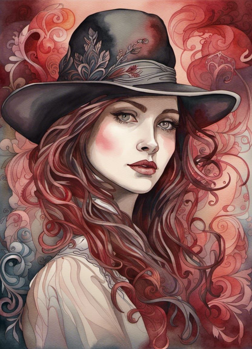 A watercolor portrait of a young woman wearing a hat, in the style of